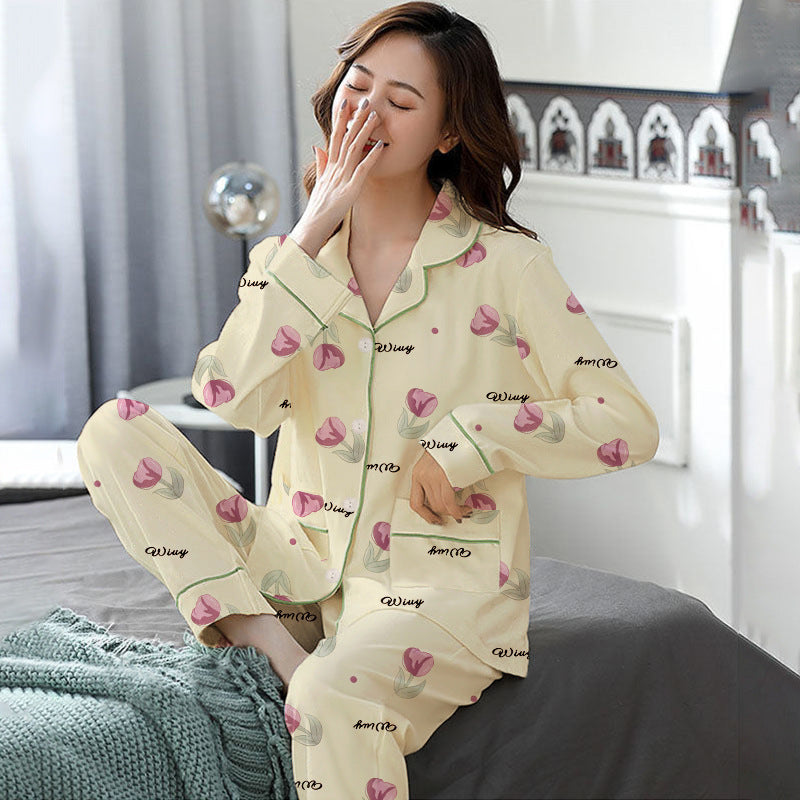 Elegant Women's Autumn And Winter Cotton-like Long Pajamas Two-piece Set Best YouTube Store
