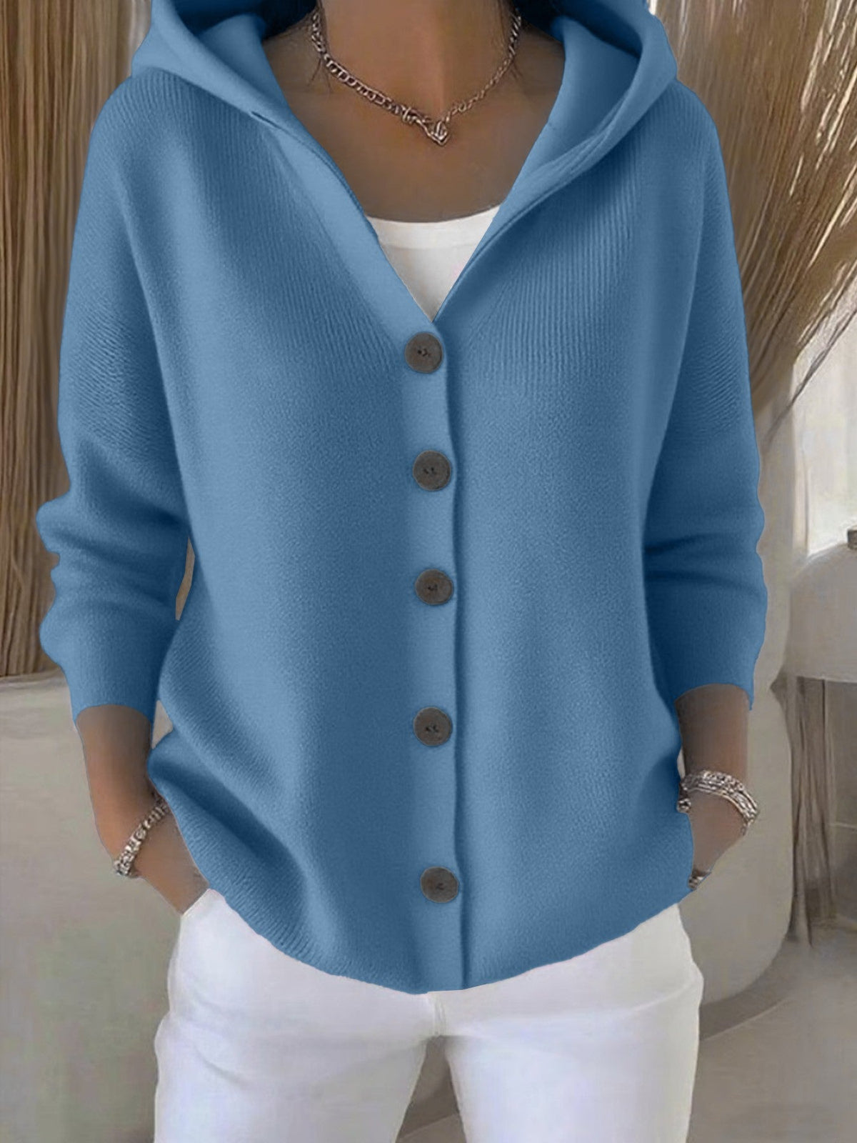 Ins Button Hooded Sweater Fashion Autumn And Winter Knitted Cardigan Casual Commuter Long Sleeve Top Women's Clothing NorixaFashion.com