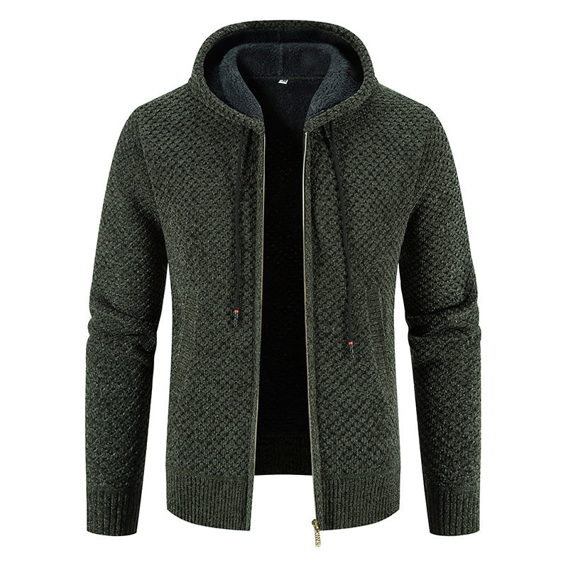 Knitwear Men's Hooded Sweater Fleece-lined Velvet-added Thickness Fleece-lined Warm Cardigan Coat LadyShow.Store