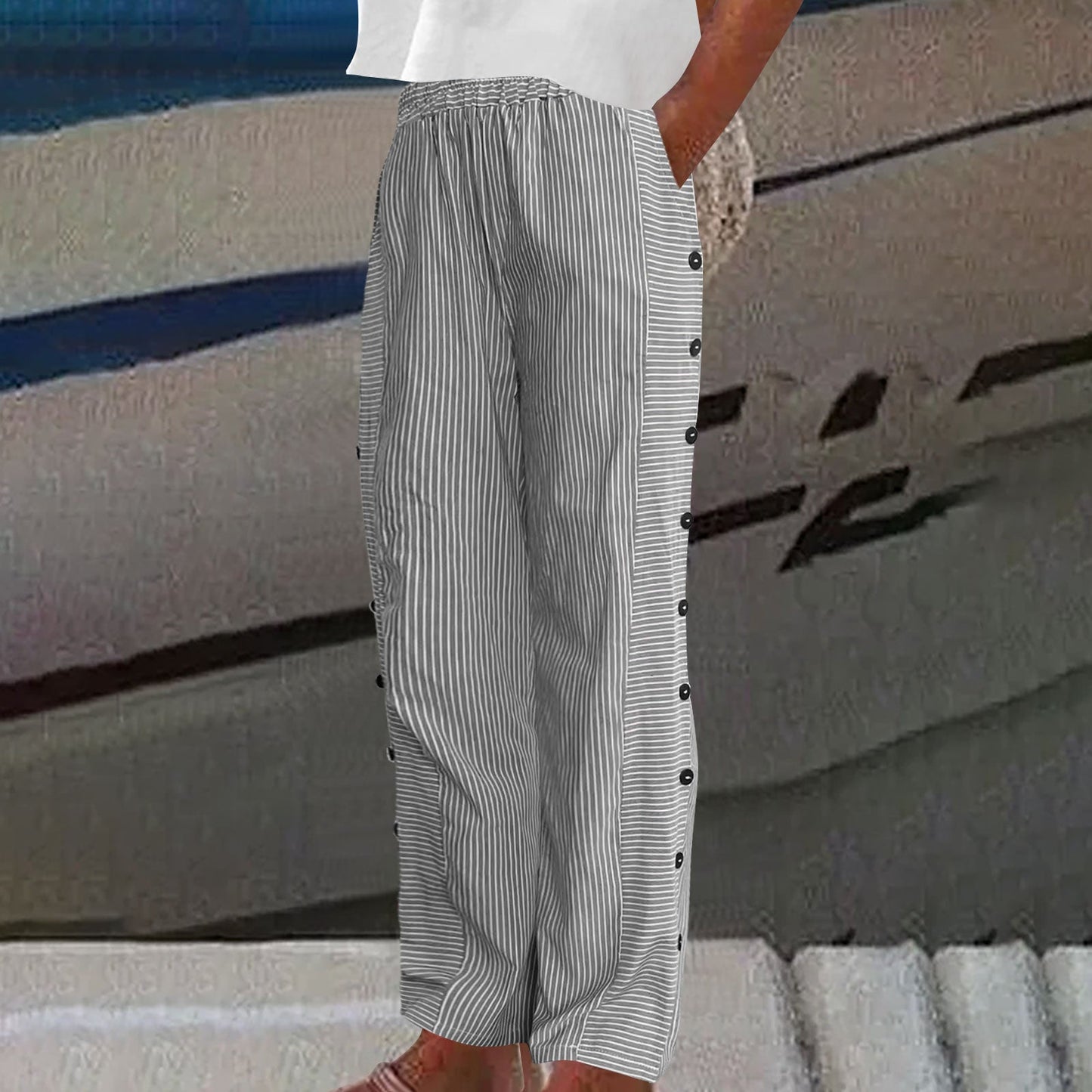 Women's Striped Casual Trousers Lightweight  Blend Stretch Pants NorixaFashion.com
