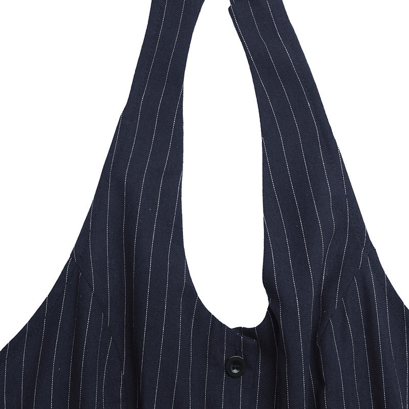 Navy Pinstripe Halter V Neck Button Front Wide Leg Jumpsuit NorixaFashion.com