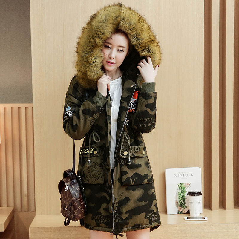 Camouflage Women's Winter Cotton Jacket with Fur Collar Pi-Mart