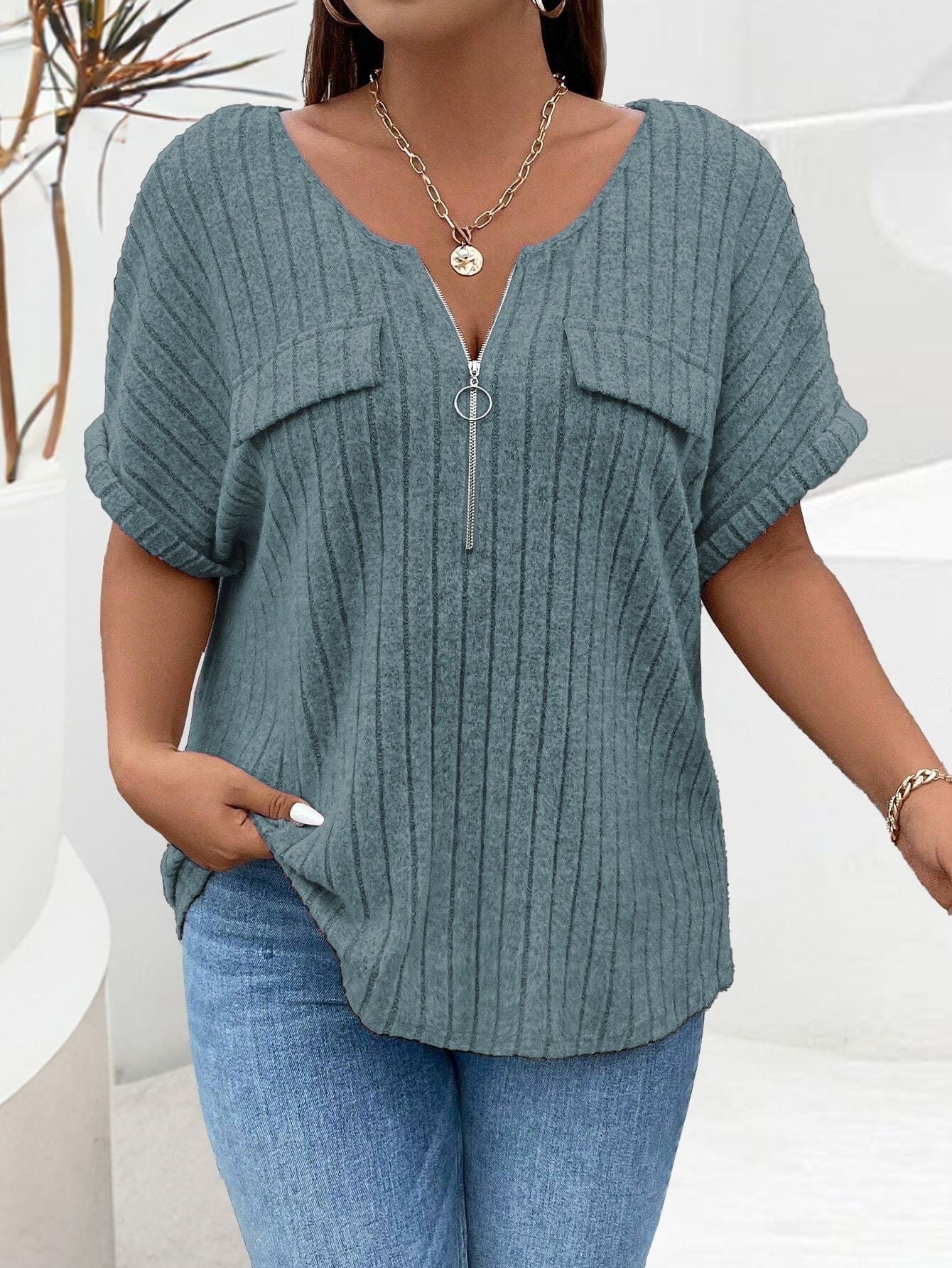 Solid-color Plus-size Top With Zipper Short Sleeves And Faux Pockets NorixaFashion.com