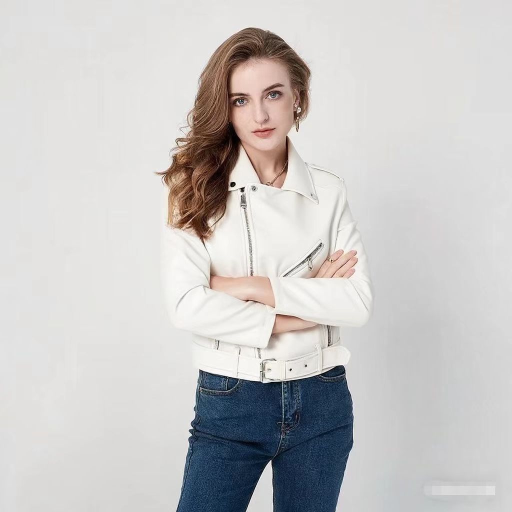 Women's Fashion Diagonal Zipper Slim Fit Washed Motorcycle Jacket LadyShow.Store