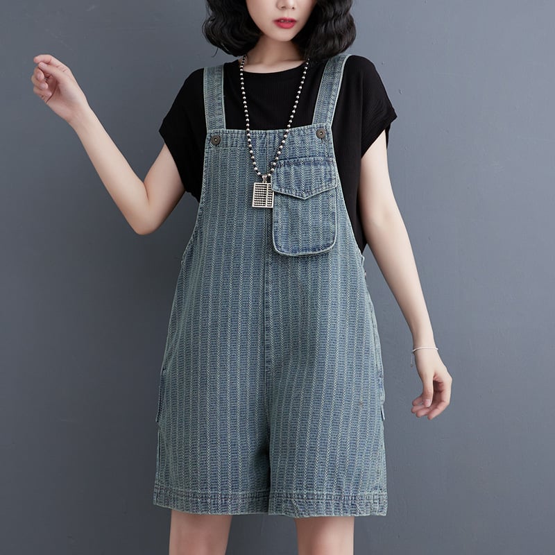 "Summer Women's Large Vertical Stripe Denim Strap Shorts" Pi-Mart