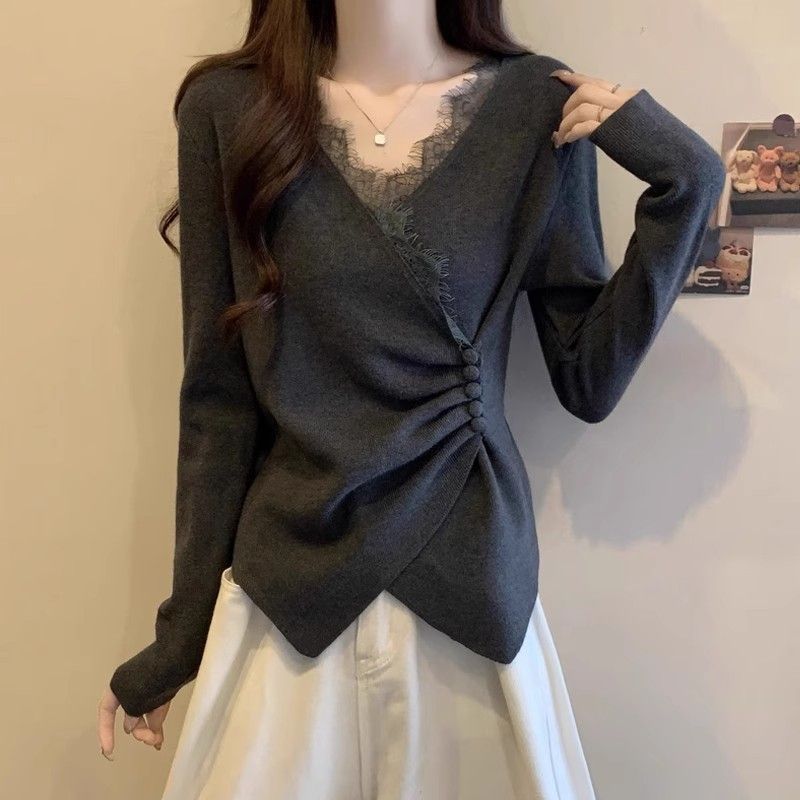 Irregular Cross-feel Lace Spliced V-neck Long Sleeve T-shirt LadyShow.Store