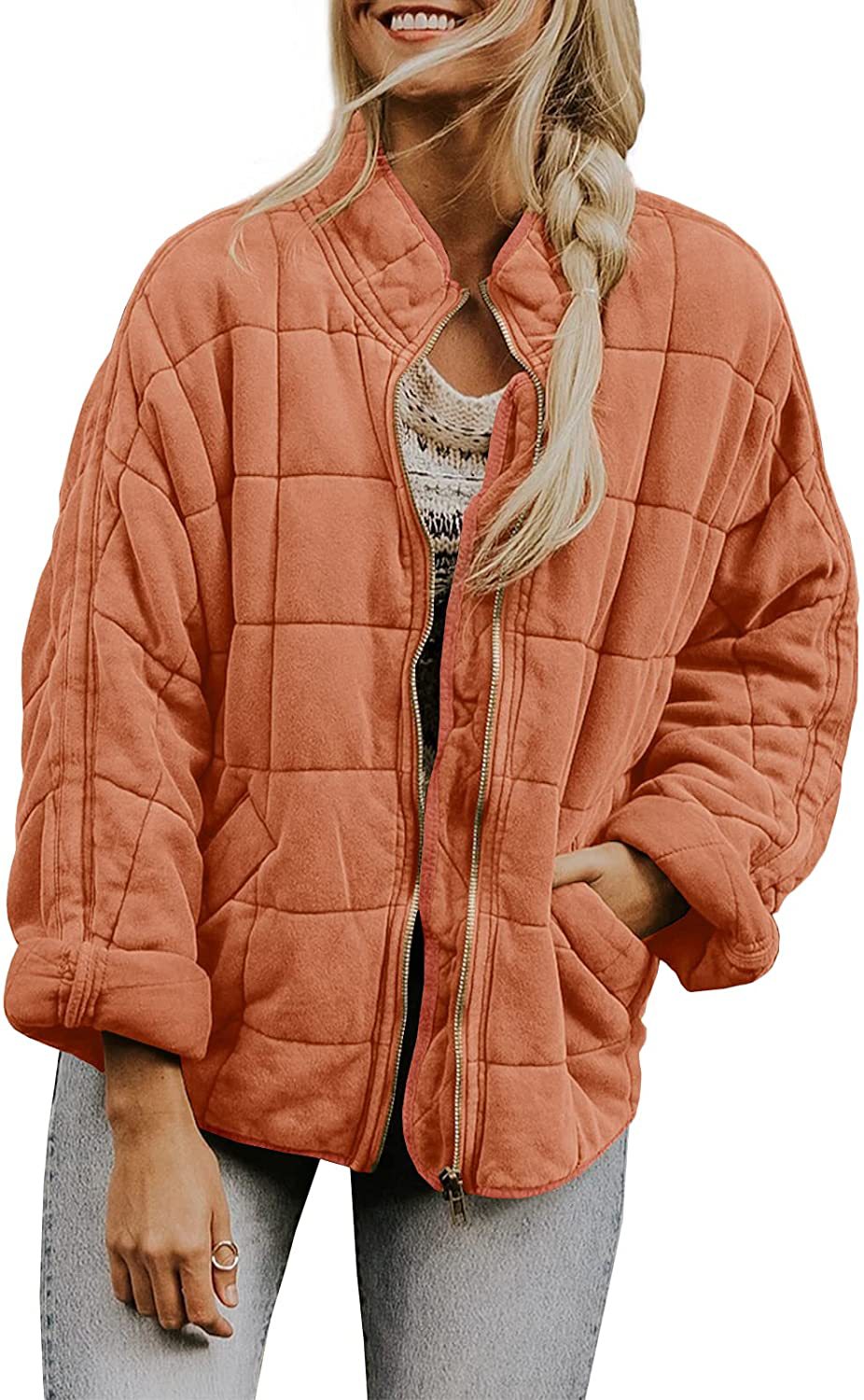 Winter Zip-up Stand Collar Coat With Pockets Fashion Solid Color Plaid Long Sleeved Jacket Women's Clothing LadyShow.Store