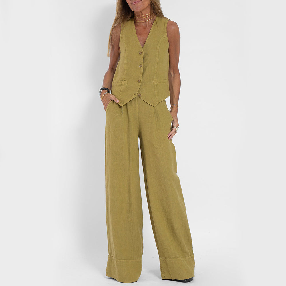 Summer Vest Suits V-neck Botton Sleeveless Top And Loose Straight Trousers Casual Womens Clothing NorixaFashion.com