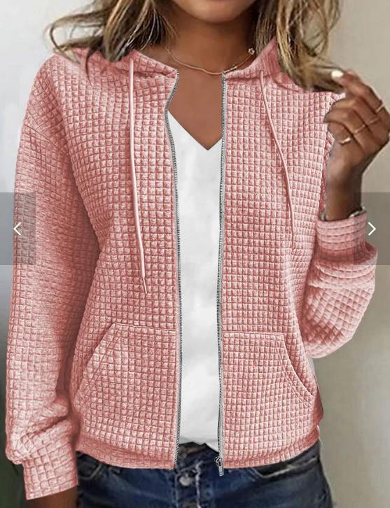 Womens Solid Color Hooded Zip Up Loose Long Sleeve Jacquard Sweatshirt NorixaFashion.com