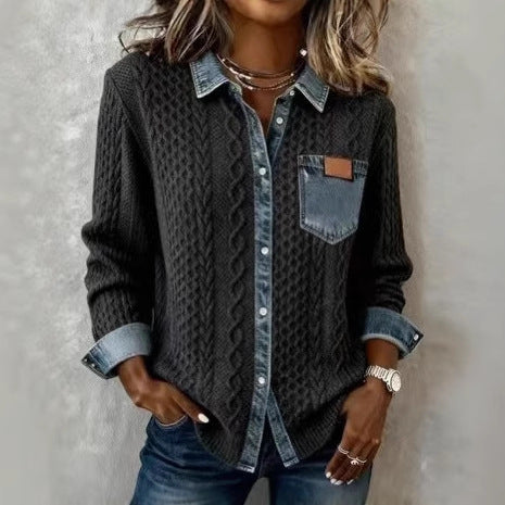 Stylish, Versatile Knitted Patchwork Denim Shirt For Women NorixaFashion.com