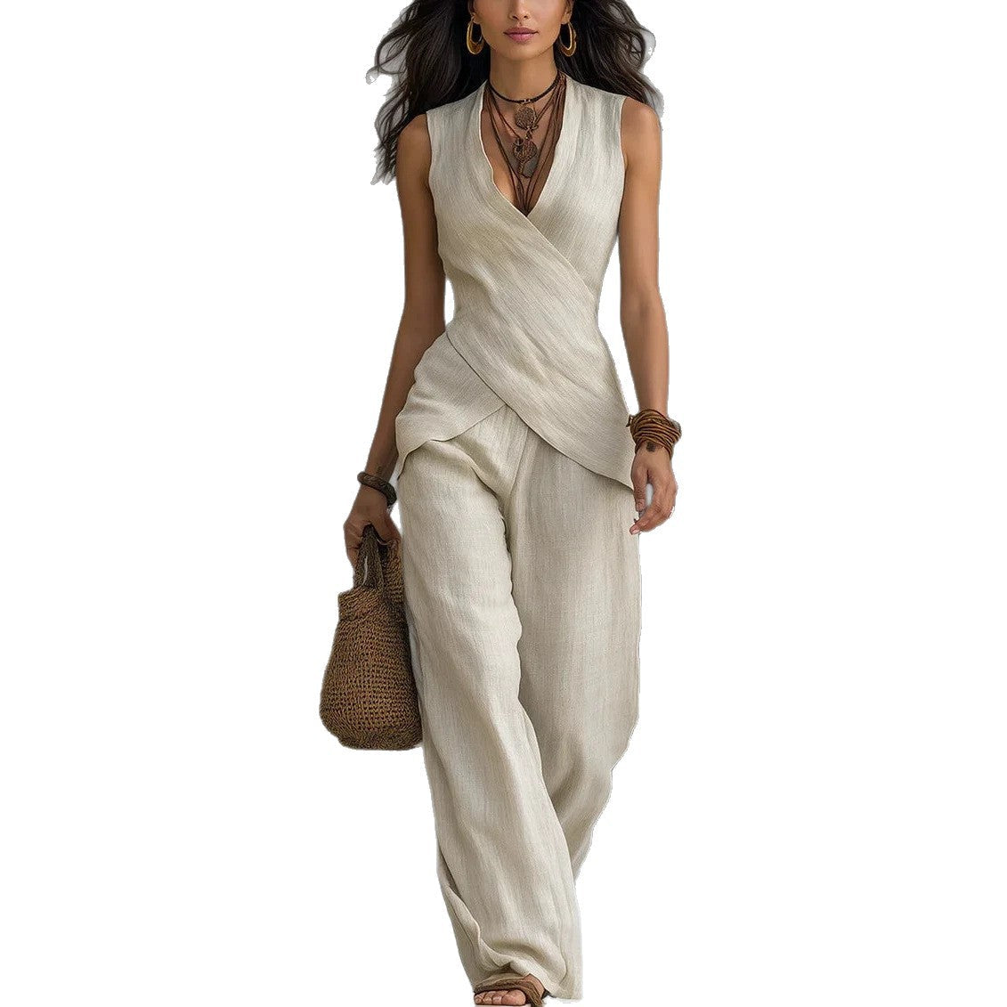 Cross-design Top Casual Shirt Wide-leg Pants Set For Women NorixaFashion.com