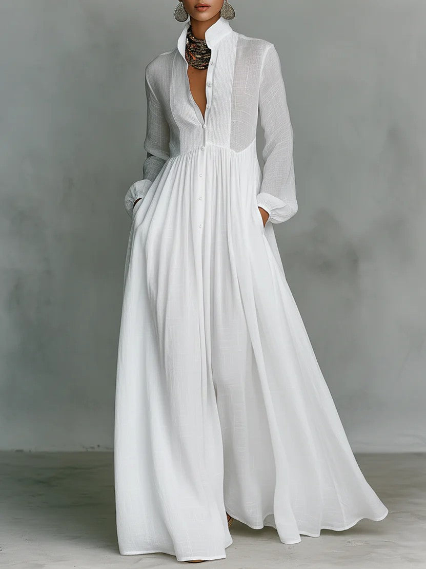Elegant Stand Collar Button Down Maxi Dress - Long Sleeve Pleated Flowy Gown With Pockets NorixaFashion.com