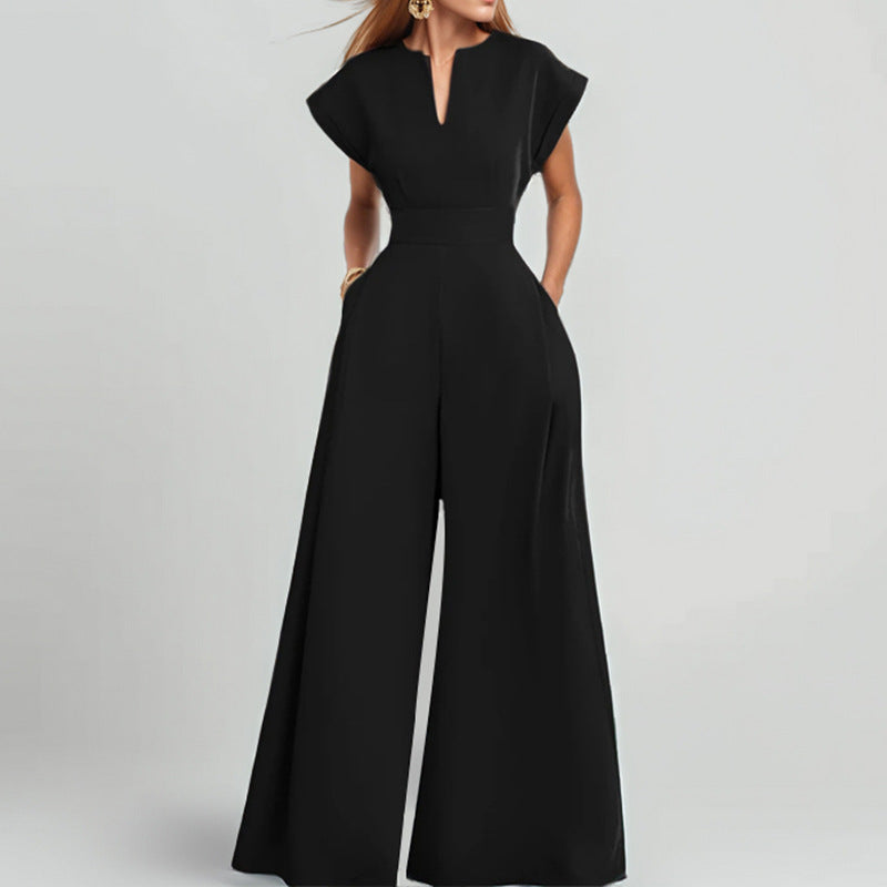 2026 Summer New Women's Fashion Commuter V-neck Waist Solid Color Wide Leg Jumpsuit NorixaFashion.com