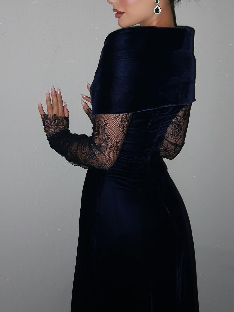 Navy Blue Velvet Lace Long-Sleeve Gown NorixaFashion.com