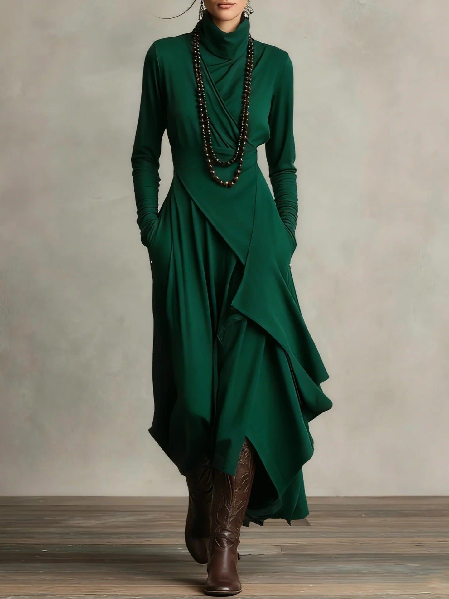 Women's Solid Color Cross-sleeve High-neck Dress LadyShow.Store