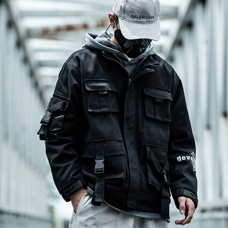 Graffiti Print Multi-Pocket Work Jacket with Ribbon Collar Pi-Mart