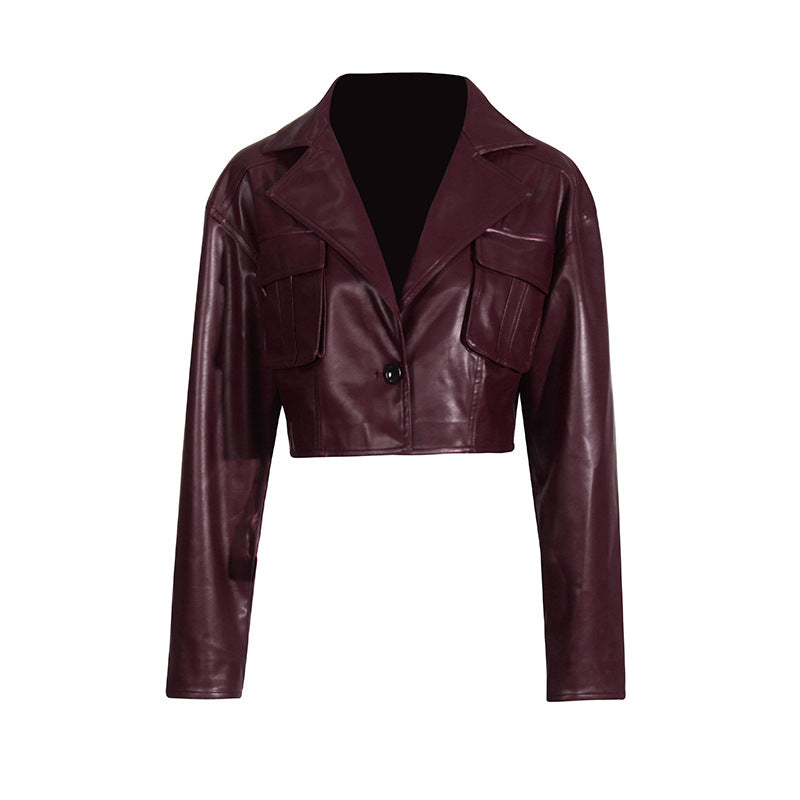 Patchwork Pocket Cropped Leather Coat Women Best YouTube Store