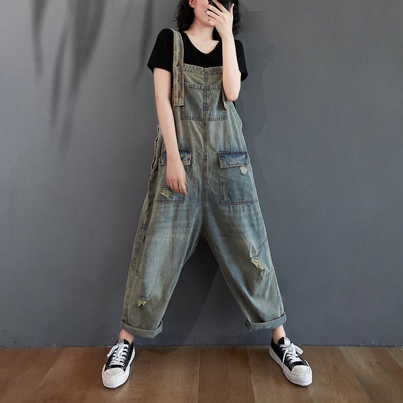 Women's Retro Ripped Denim Overalls for Summer Pi-Mart