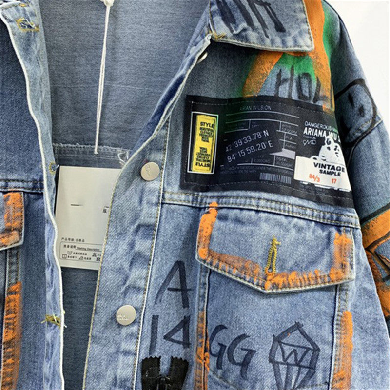 Women's Spliced Graffiti Print Denim Jacket for Streetwear Pi-Mart