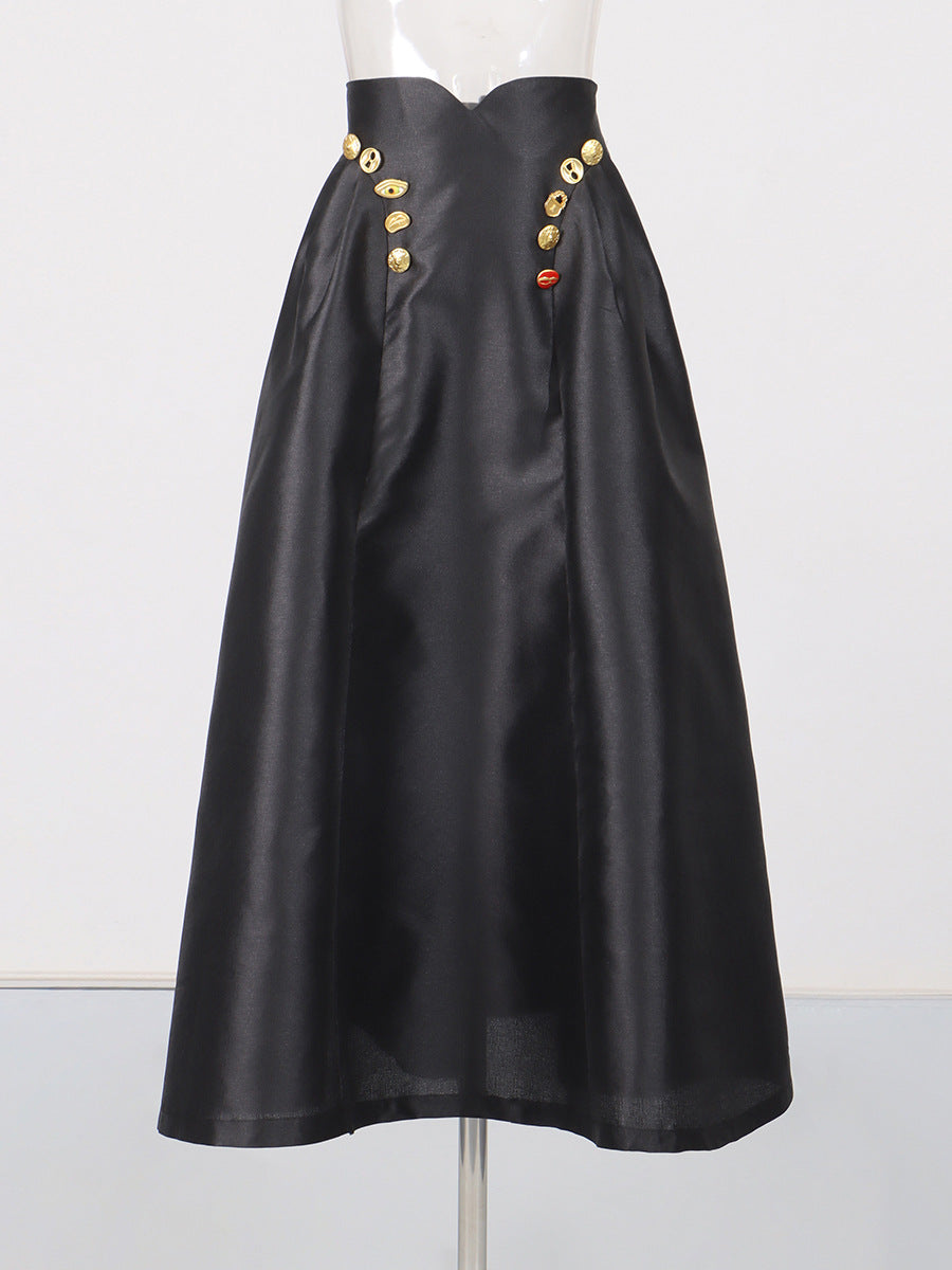 Irregularly Shaped Button-decorated Pleated Midi Skirt NorixaFashion.com