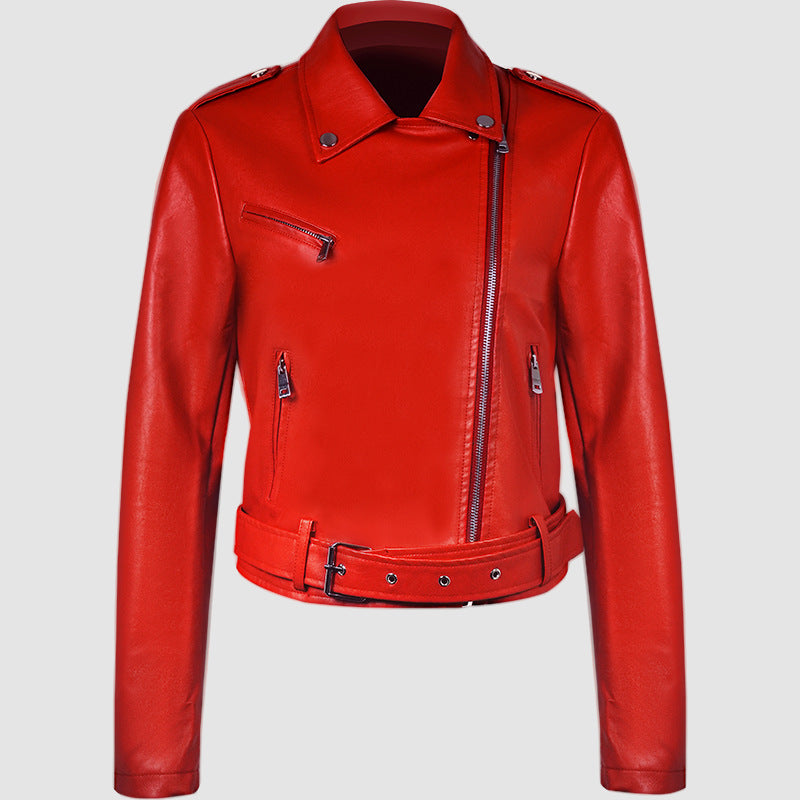 Lapel Short Belt Women's PU Simple Leather Jacket Motorcycle Jacket LadyShow.Store