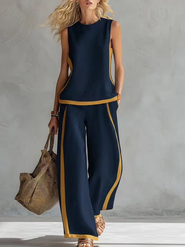 Summer Suits Round-neck Sleeveless Vest Top And High-waist Wide-leg Pants Casual Loose Set NorixaFashion.com