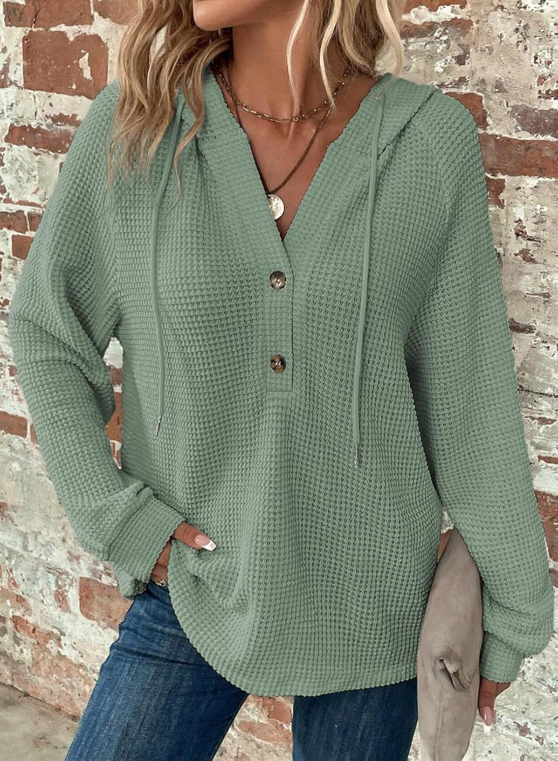 Waffle Hooded Sweater Sweatshirt Fashion Casual Long-sleeved Drawstring V-neck Buttons Top Women's Clothing NorixaFashion.com