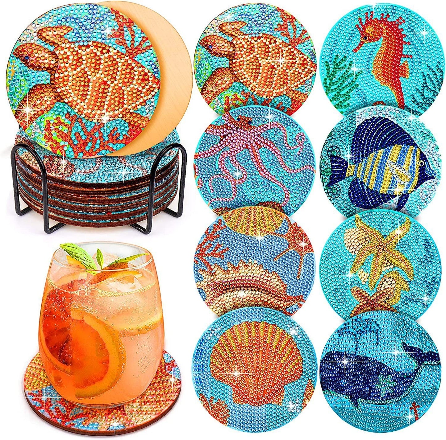 Ocean Series Diamond Painting Coaster Set Rhinestones Wooden Table Placemat With Rack For Home Decor Kitchen Accessories PearlNestDecor.com