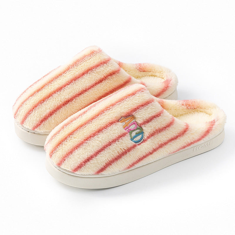 Ins Plush Striped Slippers Winter Warm Letter Embroidered Shoes Fashion Floor Bedroom Home Slipper For Women Men Couples CJD