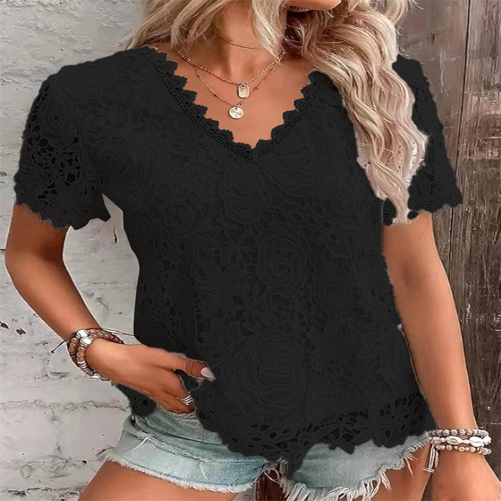 2026 New European And American Women's Fashion Versatile Top Sexy Lace Short Sleeved T-shirt NorixaFashion.com