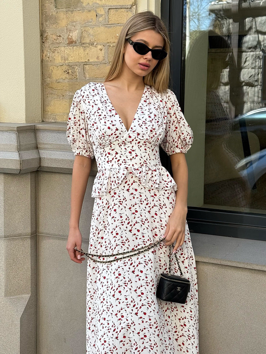 Printed Waist-cinching Puff Sleeve Dress NorixaFashion.com
