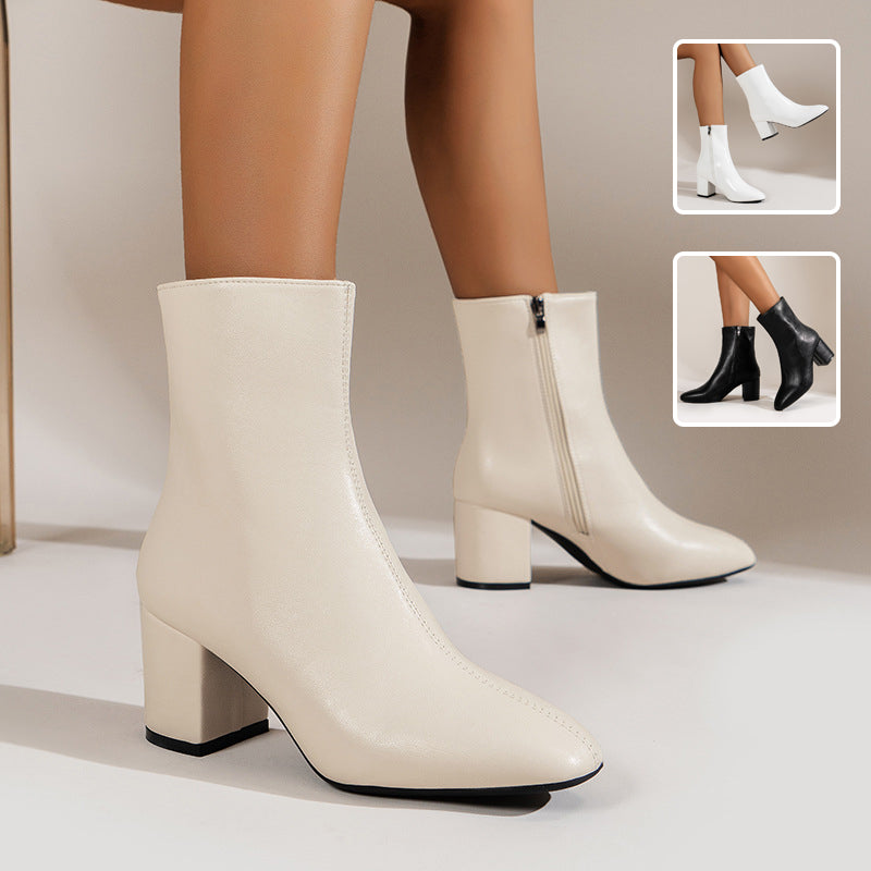 Chunky Heel Pointed Toe Boots With Side Zipper Fashion Mid-calf Boot For Women Shoes LadyShow.Store