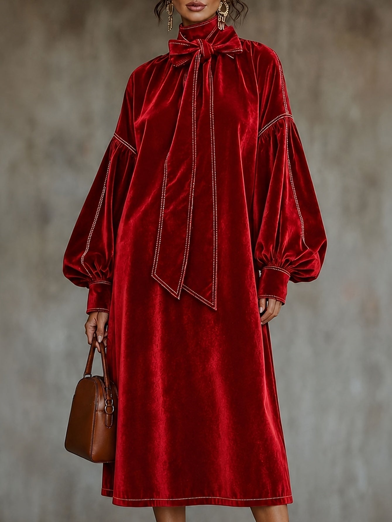 New High-neck Velvet Dress With Bow NorixaFashion.com