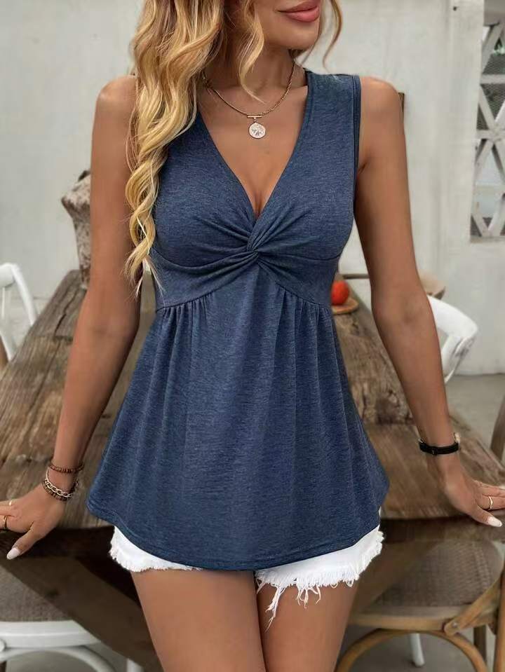 Sleeveless V-neck Design With A Twisted Ruched Waist-cinching Detail On The Back NorixaFashion.com