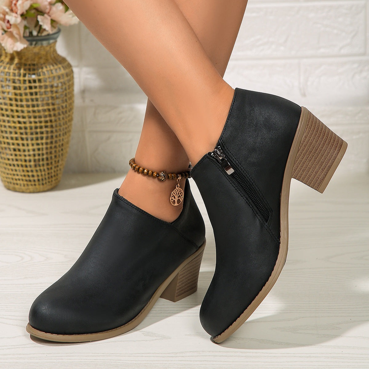 Chunky Heel Round Toe Ankle Boots With Side Zipper Design Fashion Fall Winter Short Boots For Women Shoes CJD