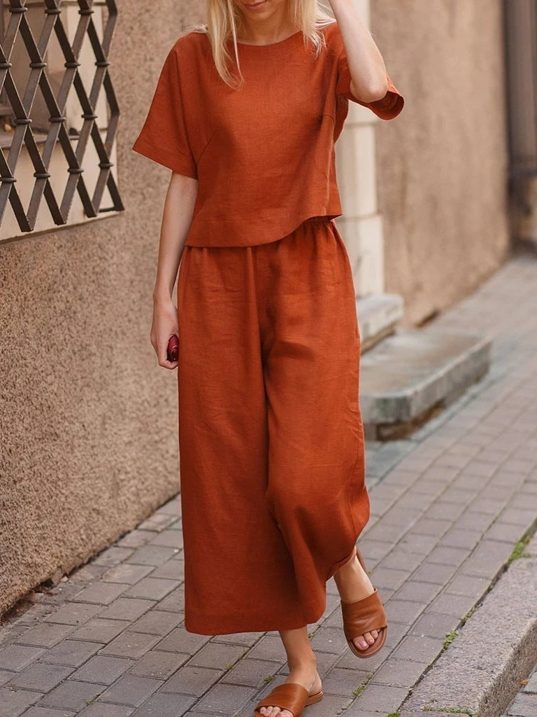 European And American Women's Linen Casual Loose Solid Color Suit Two-piece Women LadyShow.Store