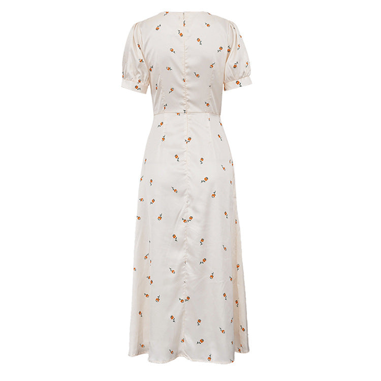 Cream Yellow Floral Print Satin Midi Dress NorixaFashion.com