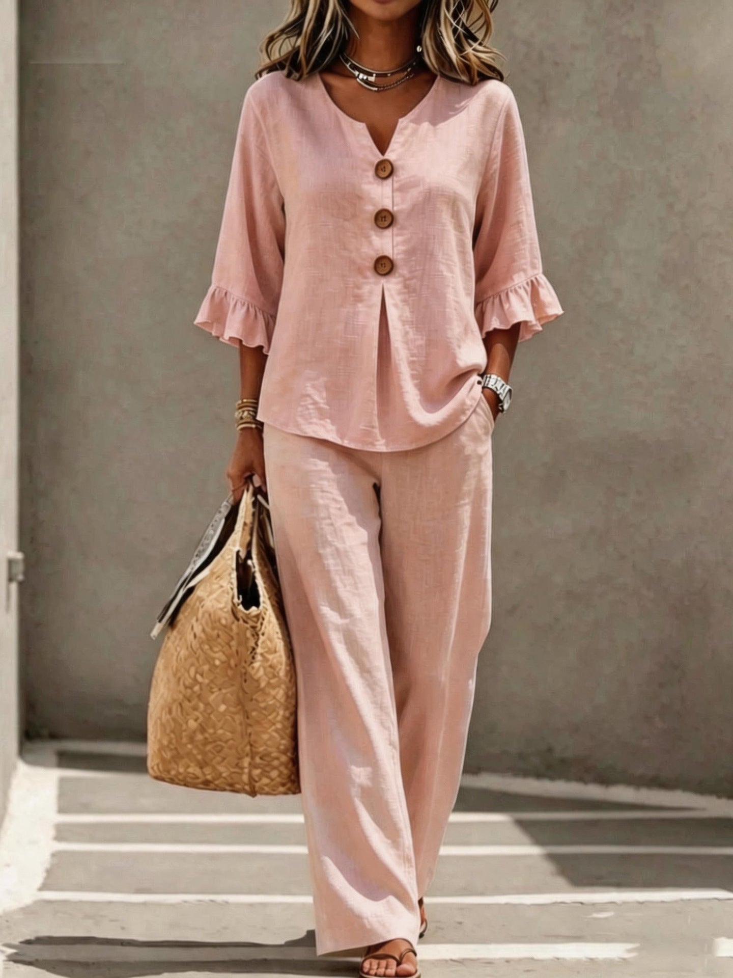 Womens V-neck Ruffle Three-Quarter Sleeve Top And Pants Two-Piece Set NorixaFashion.com