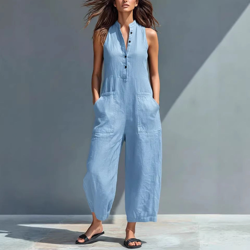 Summer Sleeveless Jumpsuit With Pockets Fashion Casual V-Neck Buttons Trousers Women's Overall Pants NorixaFashion.com