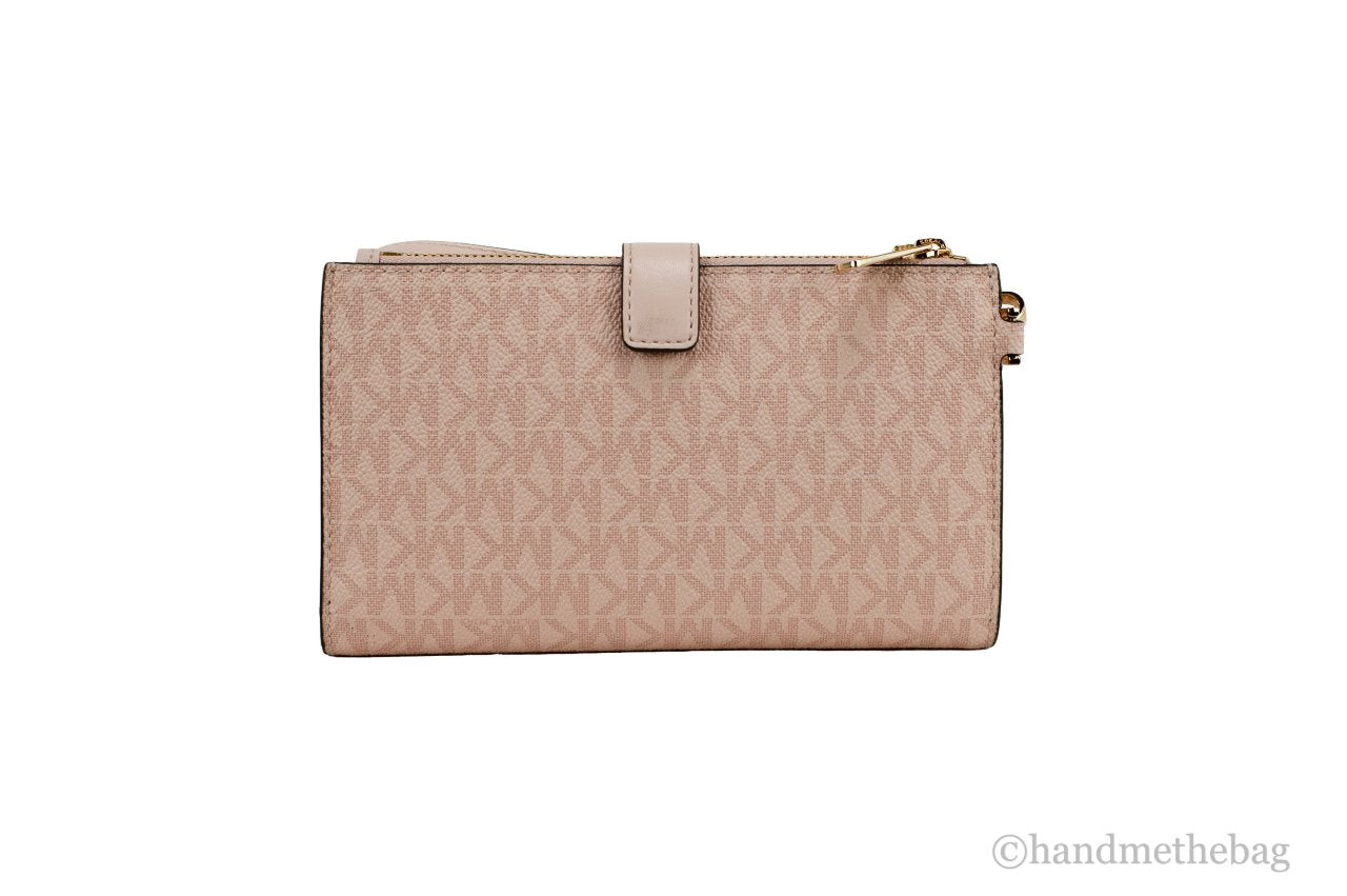 Michael Kors Jet Set Travel Dark Powder Blush PVC Large Double Zip Wrist Wallet LadyShow.Store