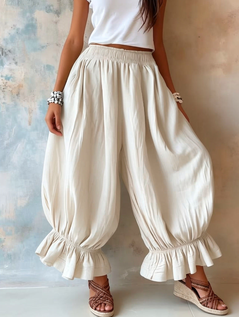 Loose Casual Cotton-linen Flared Pants With Ruffled Hems For Women NorixaFashion.com