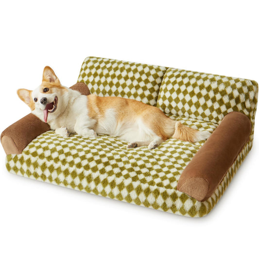 BFPETHOME Dog Couch Bed & Cat Couch Bed Pet Couch Bed for Medium Pet Cute Dog Sofa Bed Cat Sofa & Pet Sofa with Non-Slip Bottom Checkered Dog Bed with Washable Cover (Green&White) Best YouTube Store