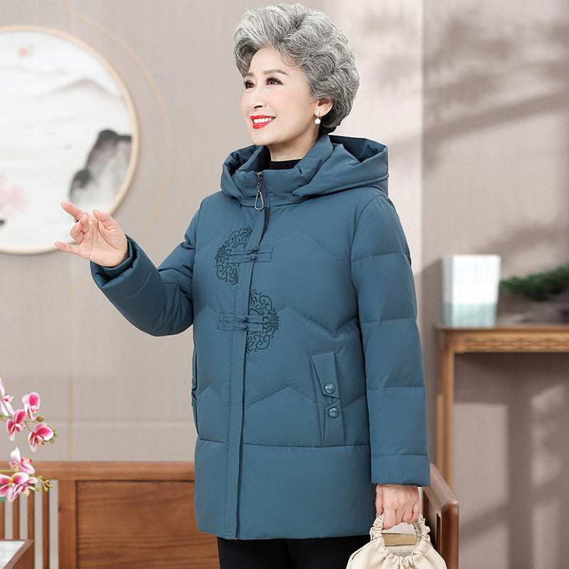 Middle-aged And Elderly Women's Dress White Duck Down Loose Warm Hooded Jacket Best YouTube Store