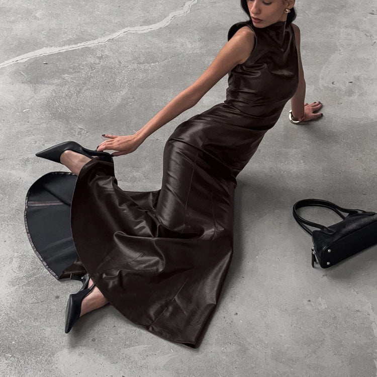 Stylish High-waisted Maxi Dress With Stand-up Collar NorixaFashion.com