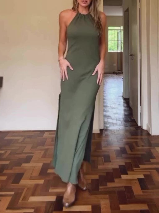 Halter Neck Open Back Slit Dress NorixaFashion.com
