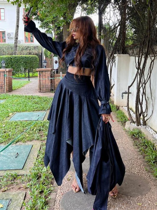 Chic Long-sleeved Cropped Jacket & Irregular Hem Denim Skirt Set NorixaFashion.com