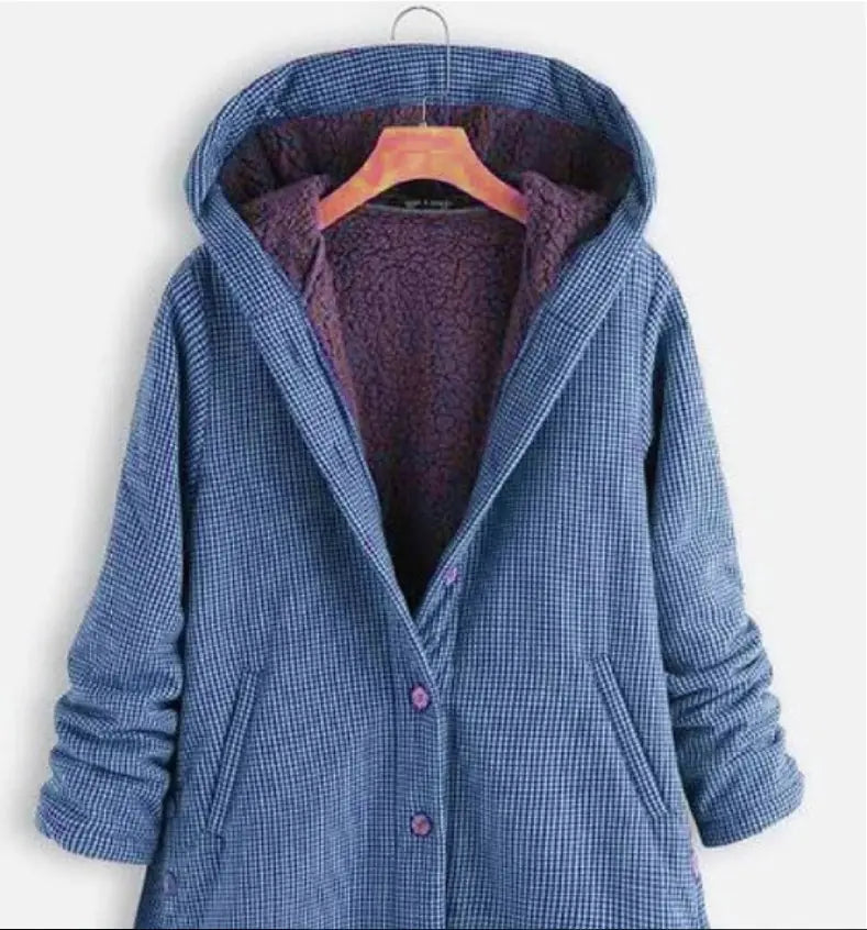 Solid Color Button Hooded Jacket and Plaid Jacket