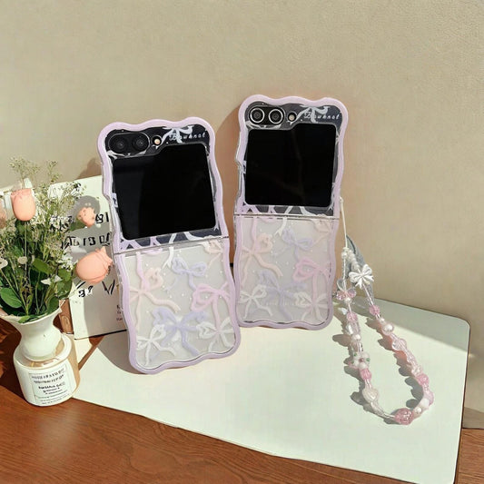 Cute Pink Bow Bracelet Case for Samsung Z Flip 6 5 4 3 - Shockproof Clear Wave Cover with Strap, Stylish & Protective LuxuryLifeWay Online Store