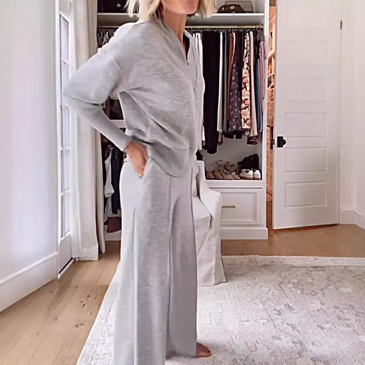 V-neck Long Sleeve Loose Top Wide Leg Pants Two-piece Set NorixaFashion.com