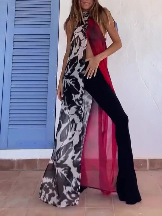 Abstract Print Halter Neck High Slit Tunic Top NorixaFashion.com